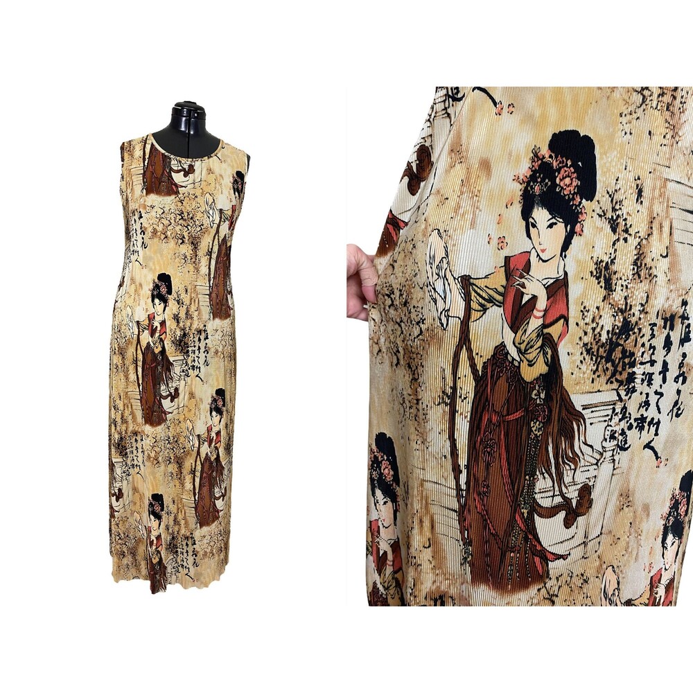 VOLUP Vintage 1990s 90s Sleeveless Geisha Novelty Print Stretchy Dress